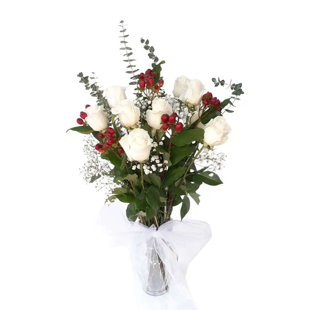 Florero 8 Rosas 5 Hipéricos Rojos
