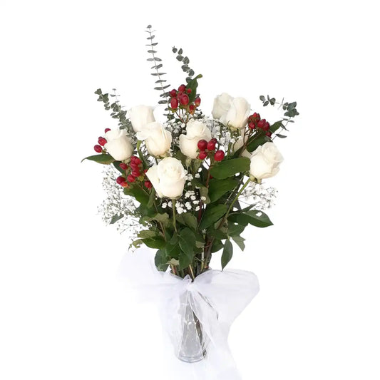 Florero 8 Rosas 5 Hipéricos Rojos